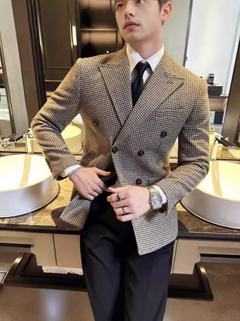 Muško dvostruko sako s uzorkom Houndstooth, Slim fit, Gun Lapel, dvostruka kopča, zimski stil
