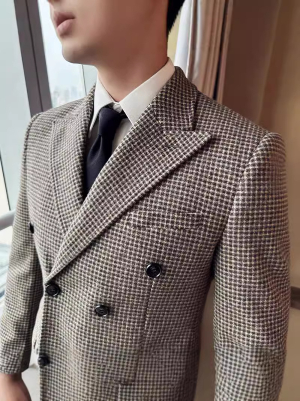 Muško dvostruko sako s uzorkom Houndstooth, Slim fit, Gun Lapel, dvostruka kopča, zimski stil