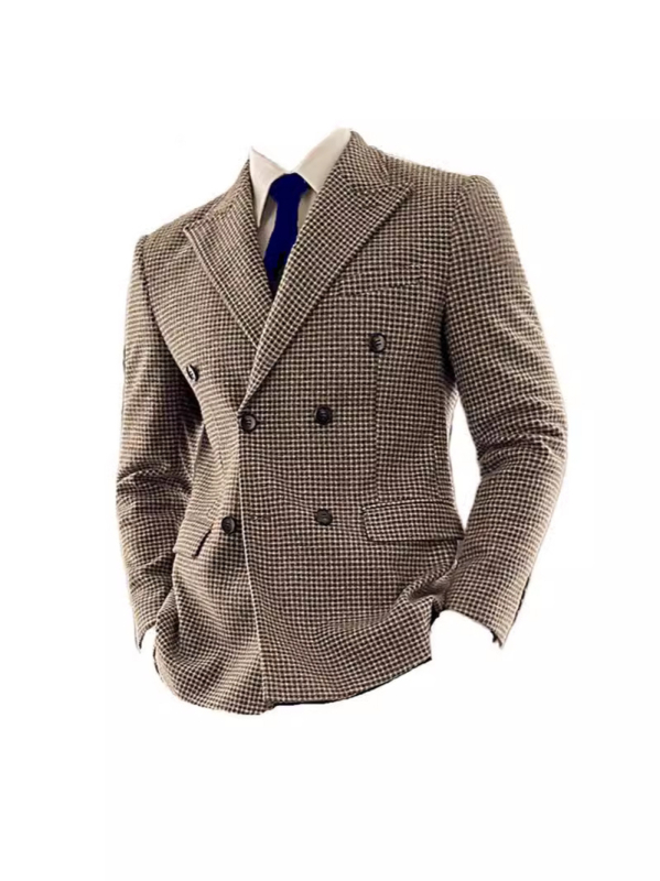 Muško dvostruko sako s uzorkom Houndstooth, Slim fit, Gun Lapel, dvostruka kopča, zimski stil