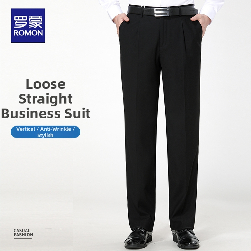 Muške vunene hlače za poslovni stil, široki kroj, poslovno formalni stil, 75% vuna, sezona proljeće–jesen, izlazak jeseni 2025, gumbi detalj.