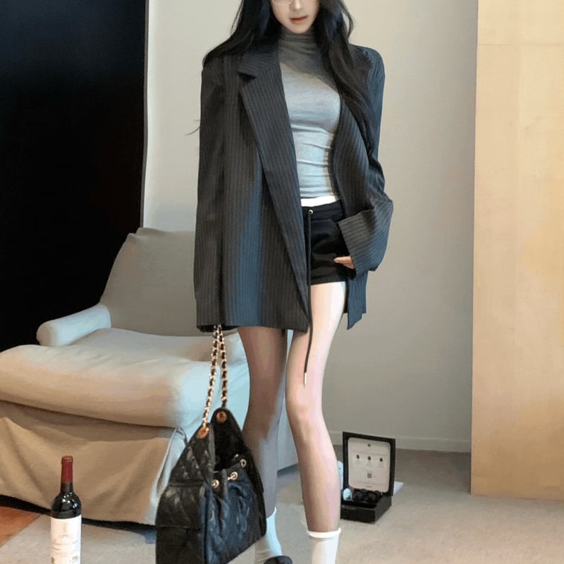 Ženski blejzer u korejskom stilu s prugama, jesenji retro s dugim rukavima, opuštena silueta, elegantan kardigan top