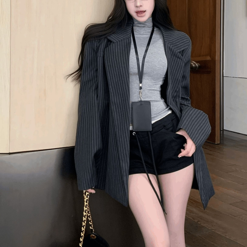 Ženski blejzer u korejskom stilu s prugama, jesenji retro s dugim rukavima, opuštena silueta, elegantan kardigan top