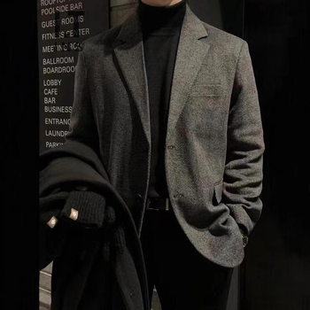 Muško sako za poslovno odijelo s ramenskom podstavom, korejski stil, mješavina poliestera, jednodijelna, slobodan kroj, epaulettes i trodimenzionalni džepovi