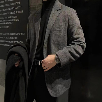 Muško sako za poslovno odijelo s ramenskom podstavom, korejski stil, mješavina poliestera, jednodijelna, slobodan kroj, epaulettes i trodimenzionalni džepovi