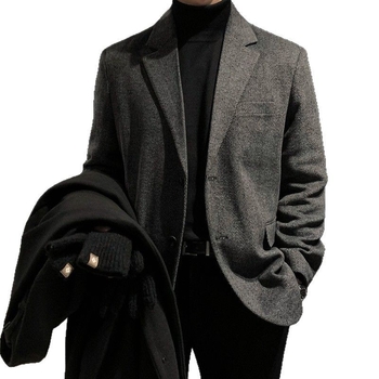Muško sako za poslovno odijelo s ramenskom podstavom, korejski stil, mješavina poliestera, jednodijelna, slobodan kroj, epaulettes i trodimenzionalni džepovi