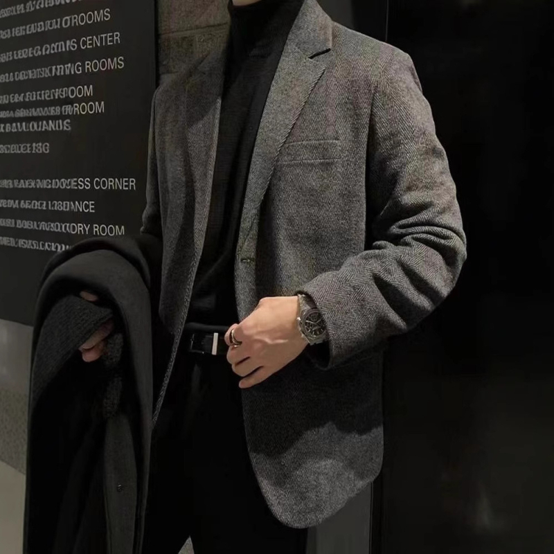 Muško sako za poslovno odijelo s ramenskom podstavom, korejski stil, mješavina poliestera, jednodijelna, slobodan kroj, epaulettes i trodimenzionalni džepovi