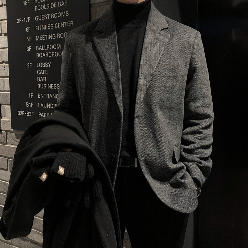 Muško sako za poslovno odijelo s ramenskom podstavom, korejski stil, mješavina poliestera, jednodijelna, slobodan kroj, epaulettes i trodimenzionalni džepovi