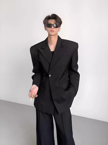 Casual sako za odijelo, slim fit, bez ovratnika, dvostruki red kopči s jednim gumbom, dugi rukavi, prozračni poliester