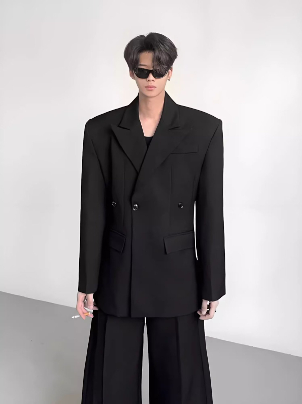 Casual sako za odijelo, slim fit, bez ovratnika, dvostruki red kopči s jednim gumbom, dugi rukavi, prozračni poliester