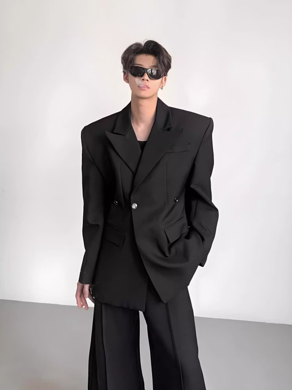 Casual sako za odijelo, slim fit, bez ovratnika, dvostruki red kopči s jednim gumbom, dugi rukavi, prozračni poliester