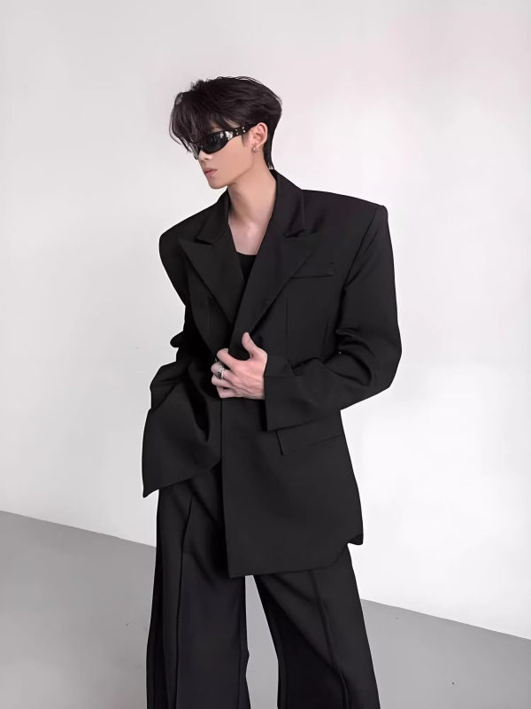 Casual sako za odijelo, slim fit, bez ovratnika, dvostruki red kopči s jednim gumbom, dugi rukavi, prozračni poliester
