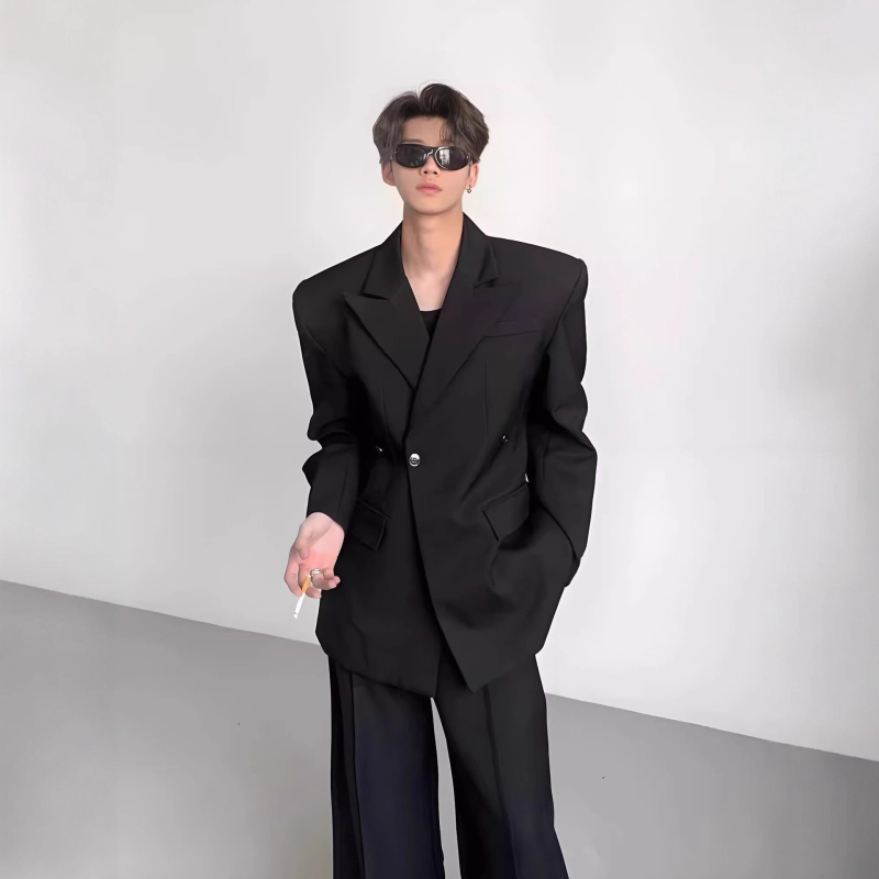 Casual sako za odijelo, slim fit, bez ovratnika, dvostruki red kopči s jednim gumbom, dugi rukavi, prozračni poliester