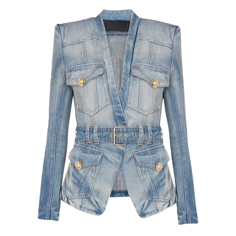 Denim blejzer slim fit, s kostimskim ovratnikom, dvostruko kopčanje, standardna duljina (50–65 cm), materijal pamuk-poliester