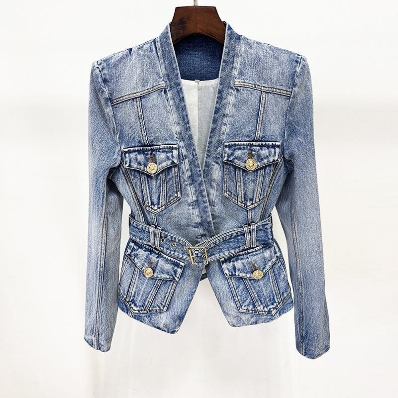 Denim blejzer slim fit, s kostimskim ovratnikom, dvostruko kopčanje, standardna duljina (50–65 cm), materijal pamuk-poliester