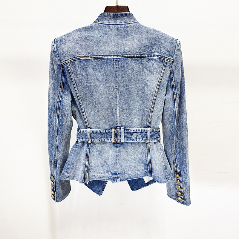 Denim blejzer slim fit, s kostimskim ovratnikom, dvostruko kopčanje, standardna duljina (50–65 cm), materijal pamuk-poliester