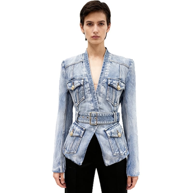 Denim blejzer slim fit, s kostimskim ovratnikom, dvostruko kopčanje, standardna duljina (50–65 cm), materijal pamuk-poliester