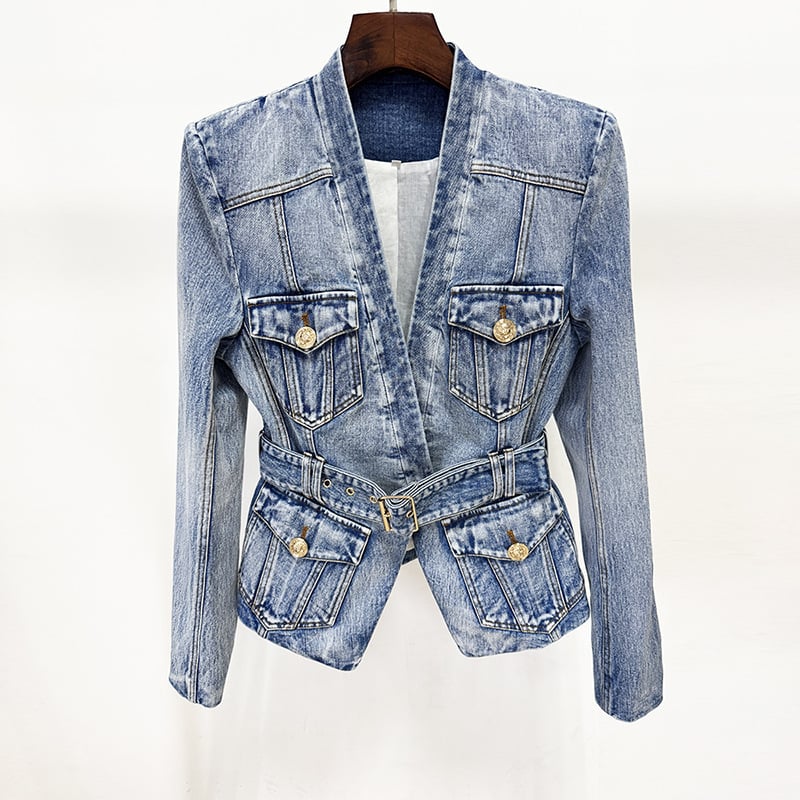 Denim blejzer slim fit, s kostimskim ovratnikom, dvostruko kopčanje, standardna duljina (50–65 cm), materijal pamuk-poliester