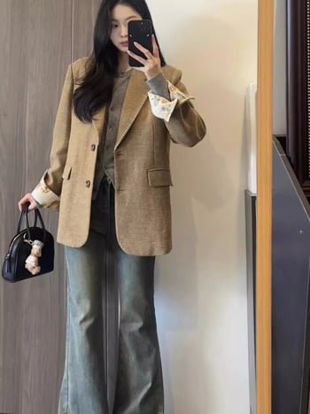 Női kosztüm kabát, 2025 ősz szezon, poliészter keverék, egygombos gallér, hosszú ujjú, bő szabás