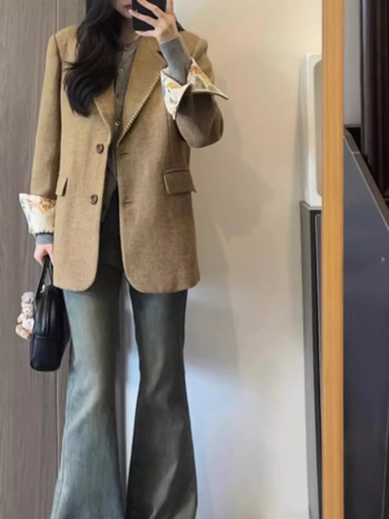Női kosztüm kabát, 2025 ősz szezon, poliészter keverék, egygombos gallér, hosszú ujjú, bő szabás