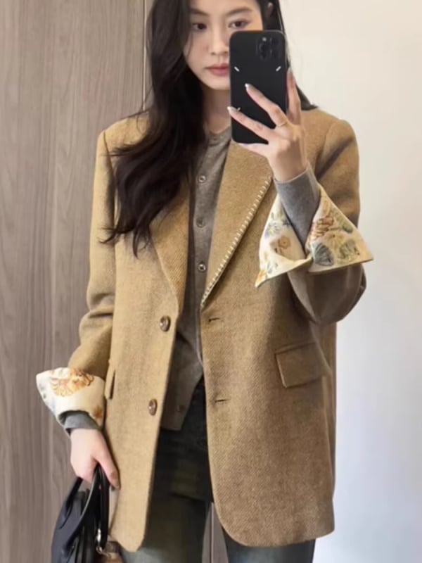 Női kosztüm kabát, 2025 ősz szezon, poliészter keverék, egygombos gallér, hosszú ujjú, bő szabás