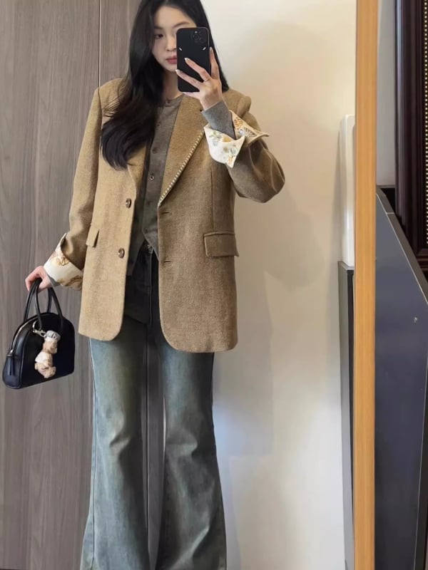 Női kosztüm kabát, 2025 ősz szezon, poliészter keverék, egygombos gallér, hosszú ujjú, bő szabás