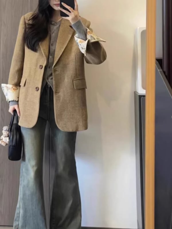 Női kosztüm kabát, 2025 ősz szezon, poliészter keverék, egygombos gallér, hosszú ujjú, bő szabás