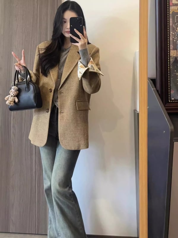Női kosztüm kabát, 2025 ősz szezon, poliészter keverék, egygombos gallér, hosszú ujjú, bő szabás