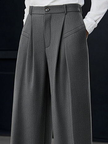 Hlače visokog struka s džepovima – plisirane, stražnji elastični pojas, ravni kroj, dugačke