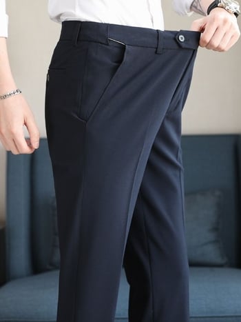 Muške hlače ravnog kroja, lagani poslovni stil, elastični pojas, bez glađenja, mješavina pamuka i poliestera (68% poliestera)