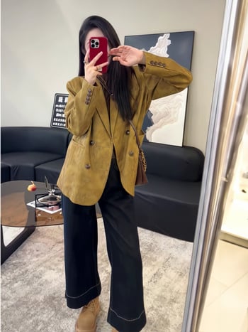 Szabad szabású blézer, kosztümös gallérral, poliészter ≥95%, hosszú ujjú, középhosszú