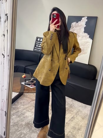 Szabad szabású blézer, kosztümös gallérral, poliészter ≥95%, hosszú ujjú, középhosszú