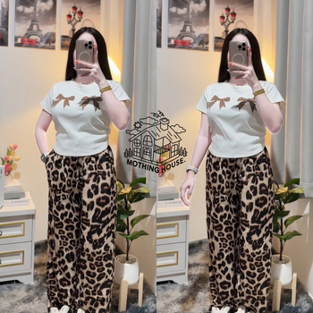 Női kétrészes kosztüm leopárd mintával és széles szárú nadrággal – Milk Silk, poliészter 90–95%, nyár 2025