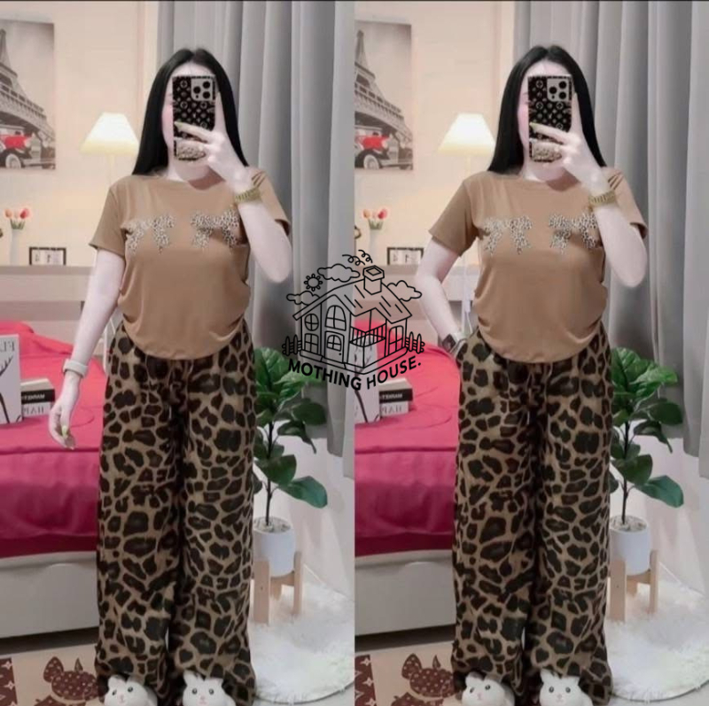 Női kétrészes kosztüm leopárd mintával és széles szárú nadrággal – Milk Silk, poliészter 90–95%, nyár 2025