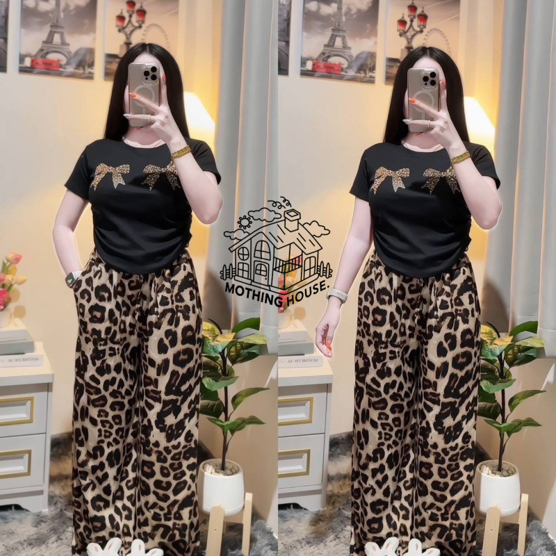 Női kétrészes kosztüm leopárd mintával és széles szárú nadrággal – Milk Silk, poliészter 90–95%, nyár 2025