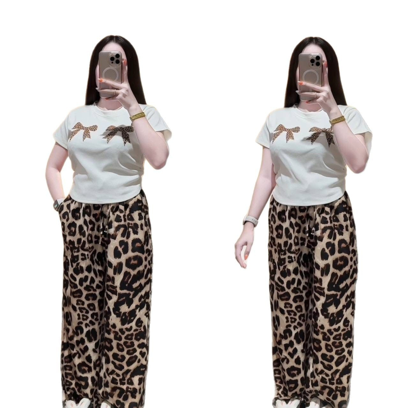 Női kétrészes kosztüm leopárd mintával és széles szárú nadrággal – Milk Silk, poliészter 90–95%, nyár 2025