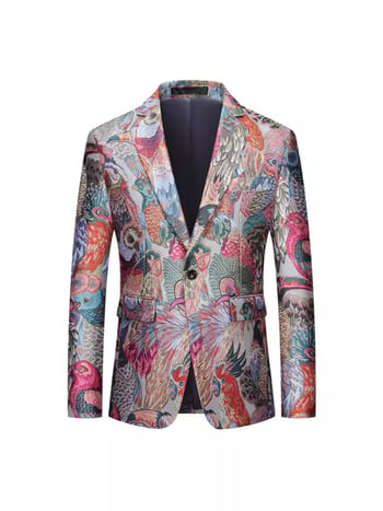 Muško sako u K-stilu, slim-fit, jacquard cvjetni uzorak, ovratnik sakoa, kopčanje na jedno dugme, srednji stražnji prorez