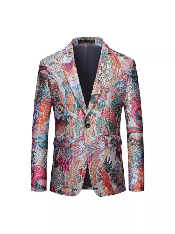 Muško sako u K-stilu, slim-fit, jacquard cvjetni uzorak, ovratnik sakoa, kopčanje na jedno dugme, srednji stražnji prorez