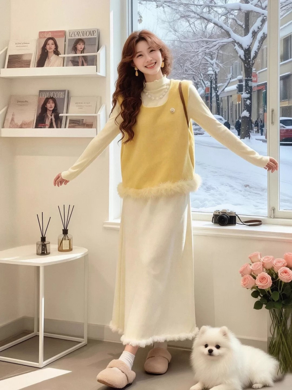 Ženski set od vesta i duge suknje, casual japansko-korejski stil, poliester, proljeće 2026