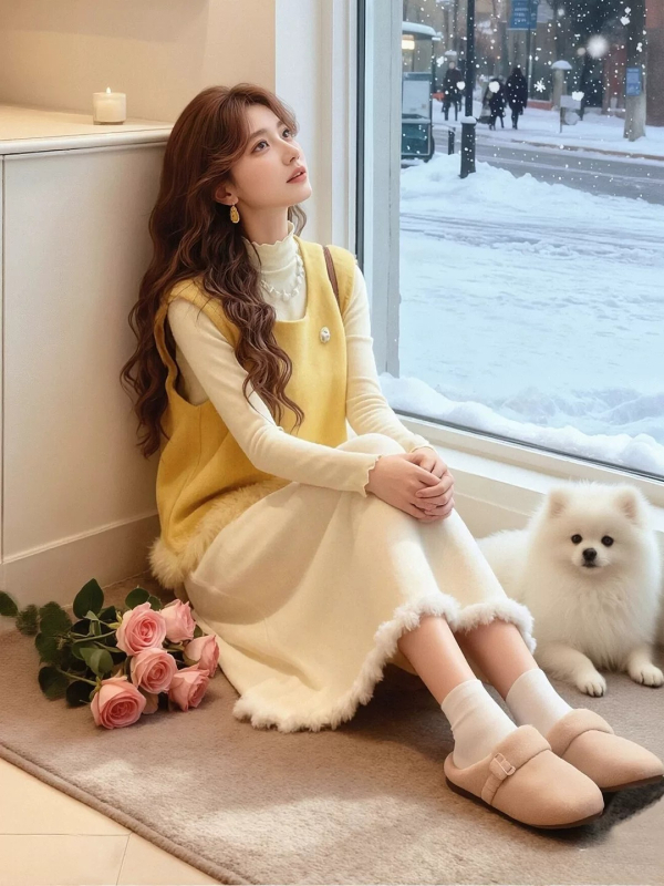Ženski set od vesta i duge suknje, casual japansko-korejski stil, poliester, proljeće 2026
