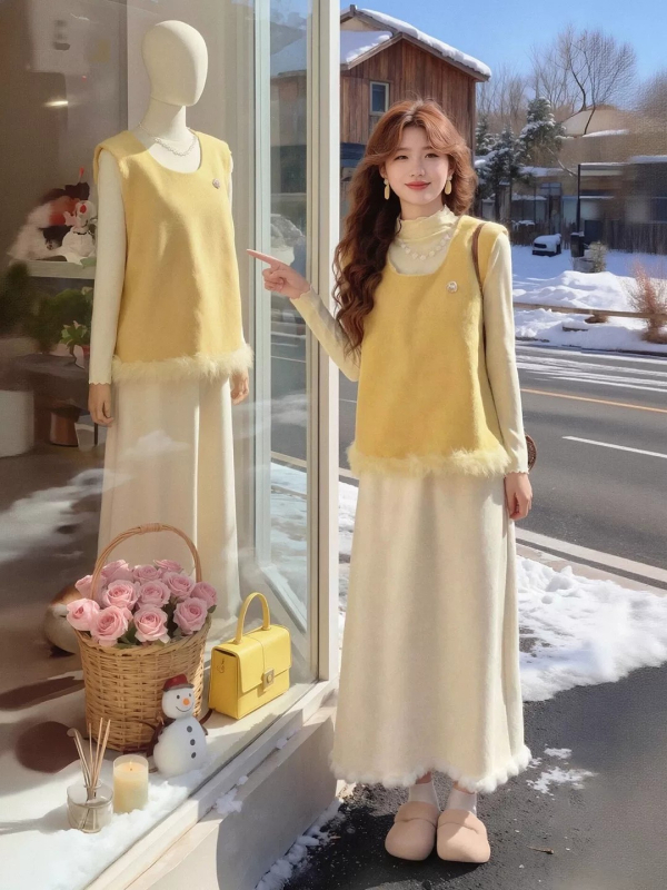 Ženski set od vesta i duge suknje, casual japansko-korejski stil, poliester, proljeće 2026