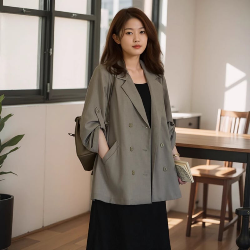 Női őszi egyszínű blézer, Phoenix yishe, 100% poliészter, polo gallér, hosszú ujjú