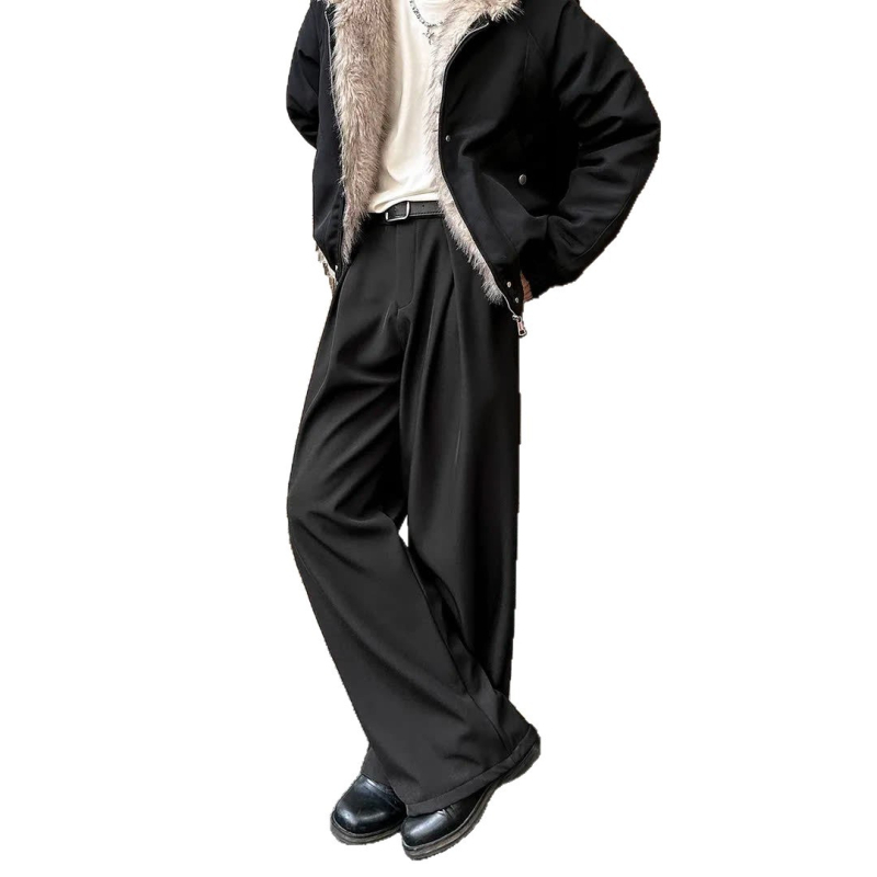 Muške hlače od poliestera, ravnog kroja, zimski casual, s efektom naborane površine