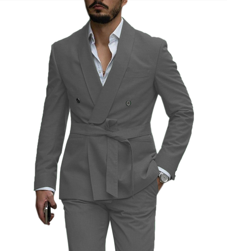 Muški dvodijelni odijelo u europsko-američkom stilu za poslovne bankete i družice na vjenčanju – uski kroj, stojeći ovratnik, zatvaranje jednim gumbom, poliester smjesa (30% poliester), četiri sezone