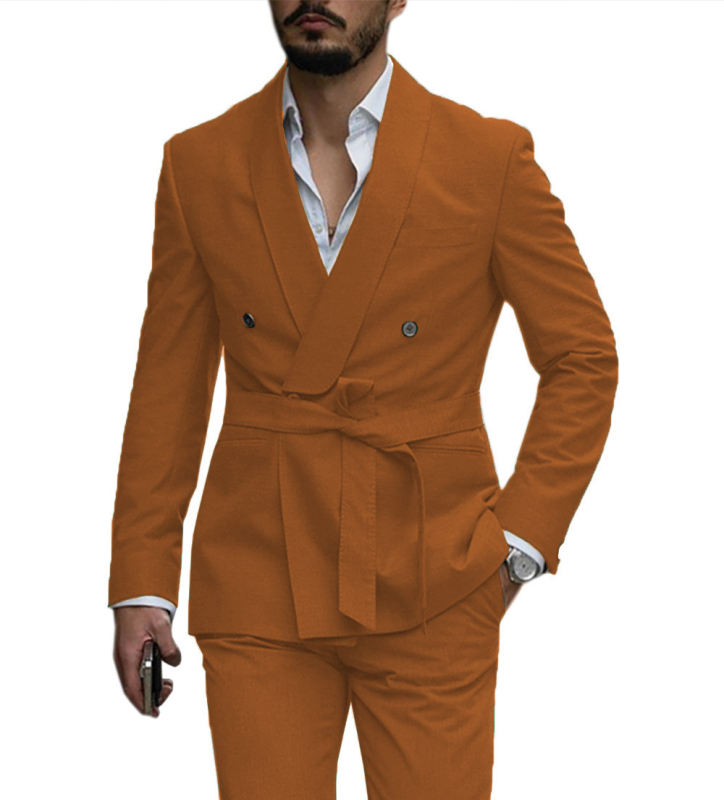 Muški dvodijelni odijelo u europsko-američkom stilu za poslovne bankete i družice na vjenčanju – uski kroj, stojeći ovratnik, zatvaranje jednim gumbom, poliester smjesa (30% poliester), četiri sezone