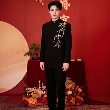 Muški zimski vjenčani komplet – sako s jednim gumbom, stojeći ovratnik, prilagodljiv kroj, izvezeni detalji