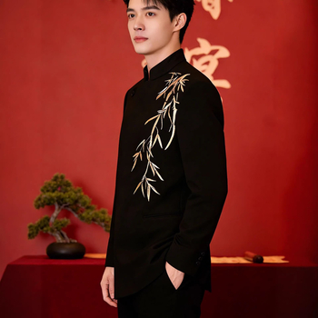 Muški zimski vjenčani komplet – sako s jednim gumbom, stojeći ovratnik, prilagodljiv kroj, izvezeni detalji