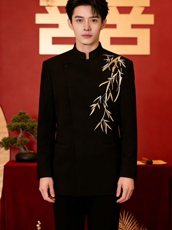 Muški zimski vjenčani komplet – sako s jednim gumbom, stojeći ovratnik, prilagodljiv kroj, izvezeni detalji