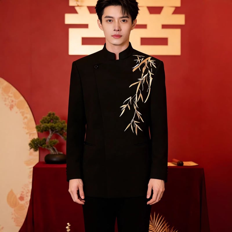 Muški zimski vjenčani komplet – sako s jednim gumbom, stojeći ovratnik, prilagodljiv kroj, izvezeni detalji