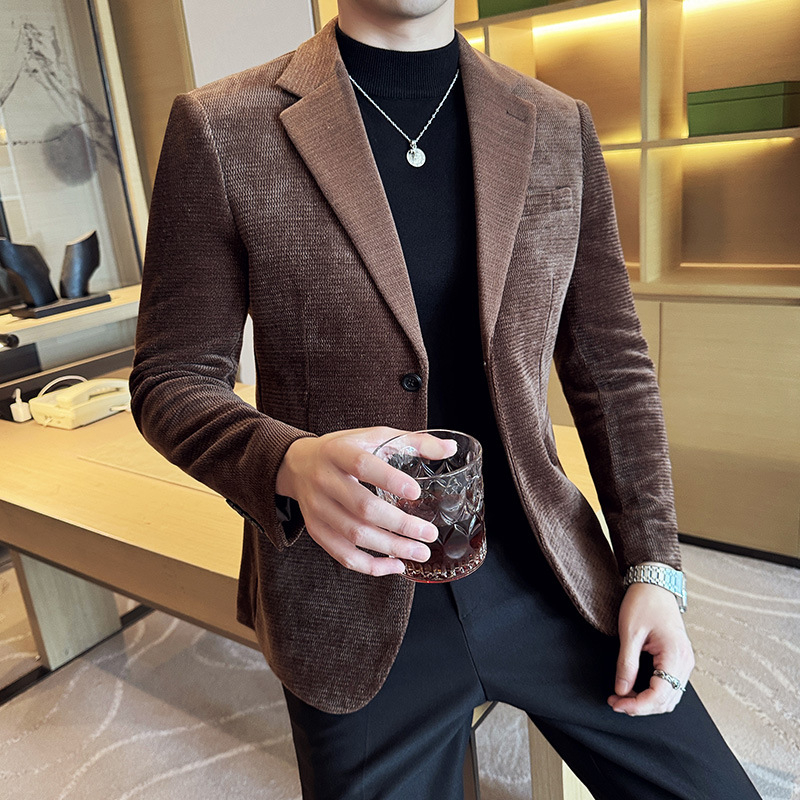 Chenille sako u slim-fit kroju, uzorak algi, color-block dizajn, ravni rever, dva gumba sprijeda