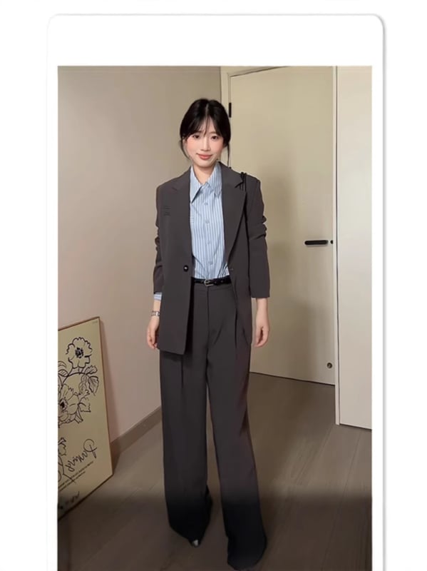 Női karcsú öltöny szett (zakó és nadrág), poliészter, polo gallér, hercegnő ujj, Tavasz 2025
